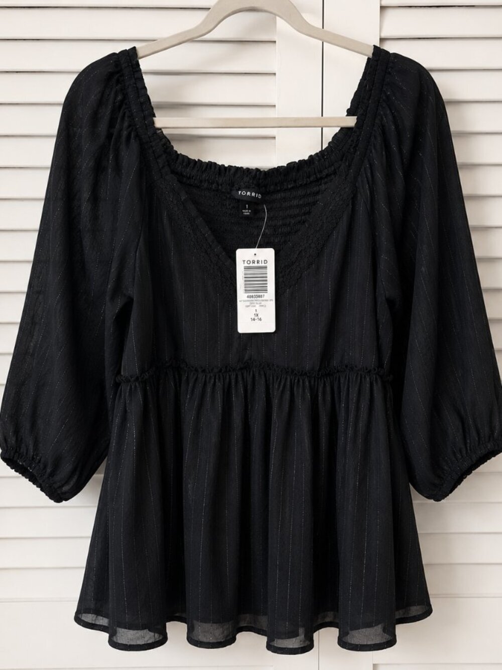 Torrid NWT Black Smocked Peplum Blouse 14/16 Lace Metallic Stripe Boho